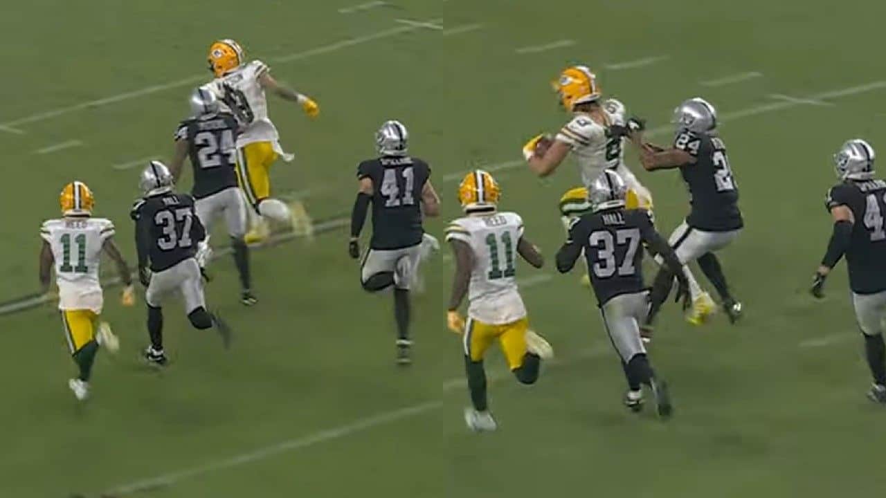 WATCH: Raiders CB Marcus Peters’ horse collar tackle preventing Packers’ possible game-deciding touchdown goes viral days after he liked a post about firing HC Josh McDaniels