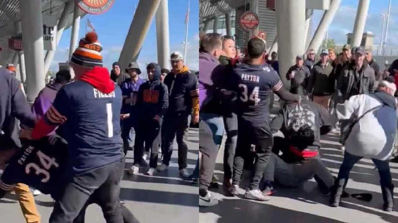 WATCH: Bears fan wearing a Justin Fields jersey punches another person as ‘ugly’ fight breaks down over a bathroom during the Bears-Vikings game