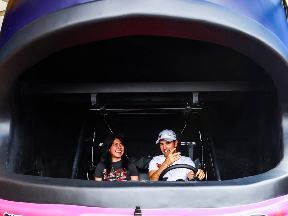 Sergio Perez inside his Mexican helmet kart at Mexican GP