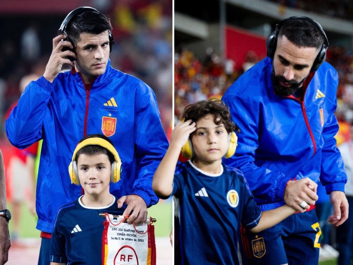 Alvaro Morata and Dani Carvajal wear noise-canceling headphones as part of the “making autism visible” campaign by RFEF