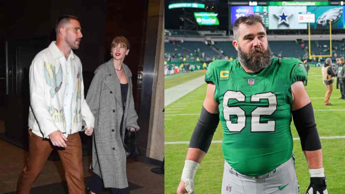 Travis Kelce and Taylor Swift (L) and Jason Kelce (R)