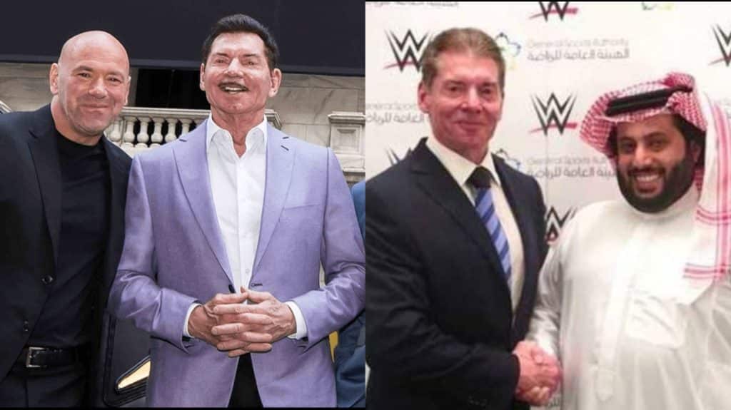 Vince McMahon with Dana White (R) and with Saudi government officials (L) 