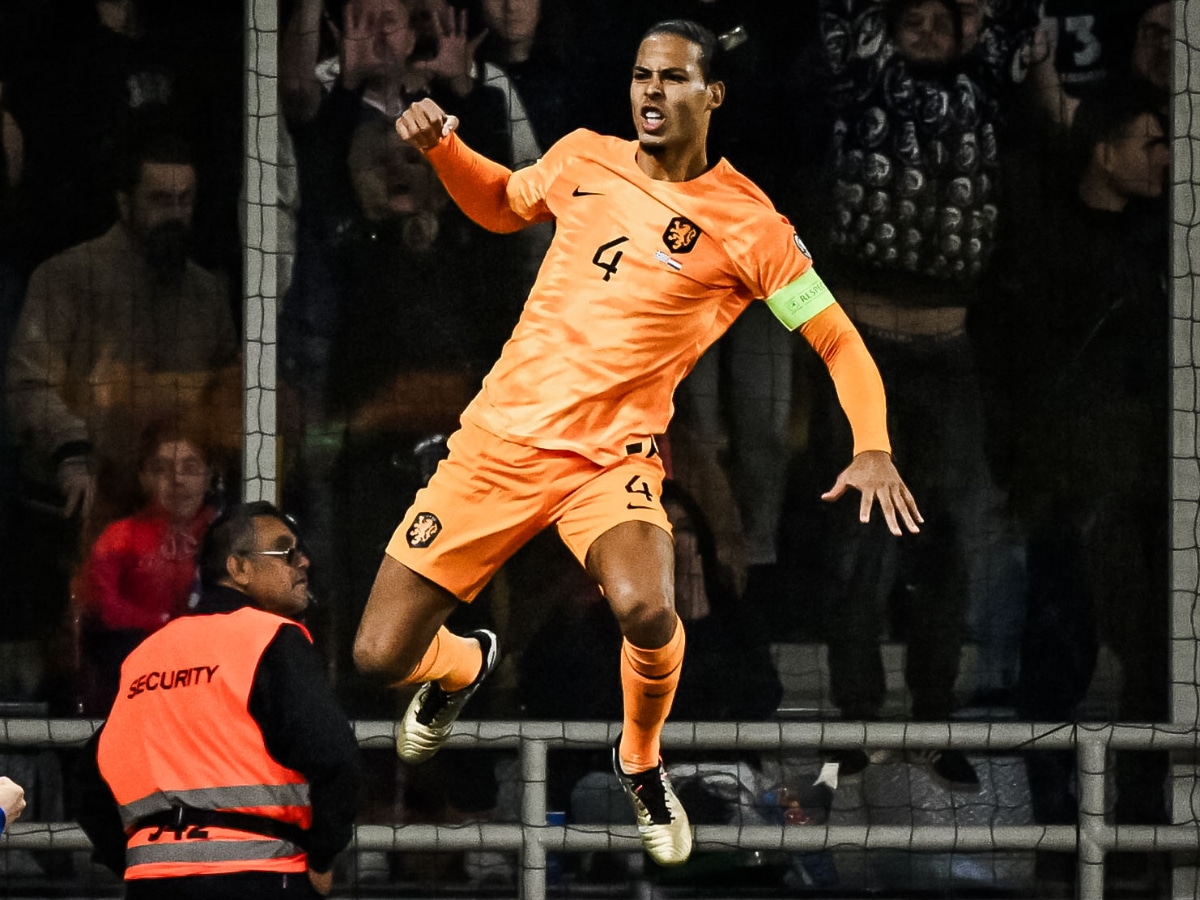 Virgil Van Dijk celebrates after scoring the winner for the Netherlands against Greece.