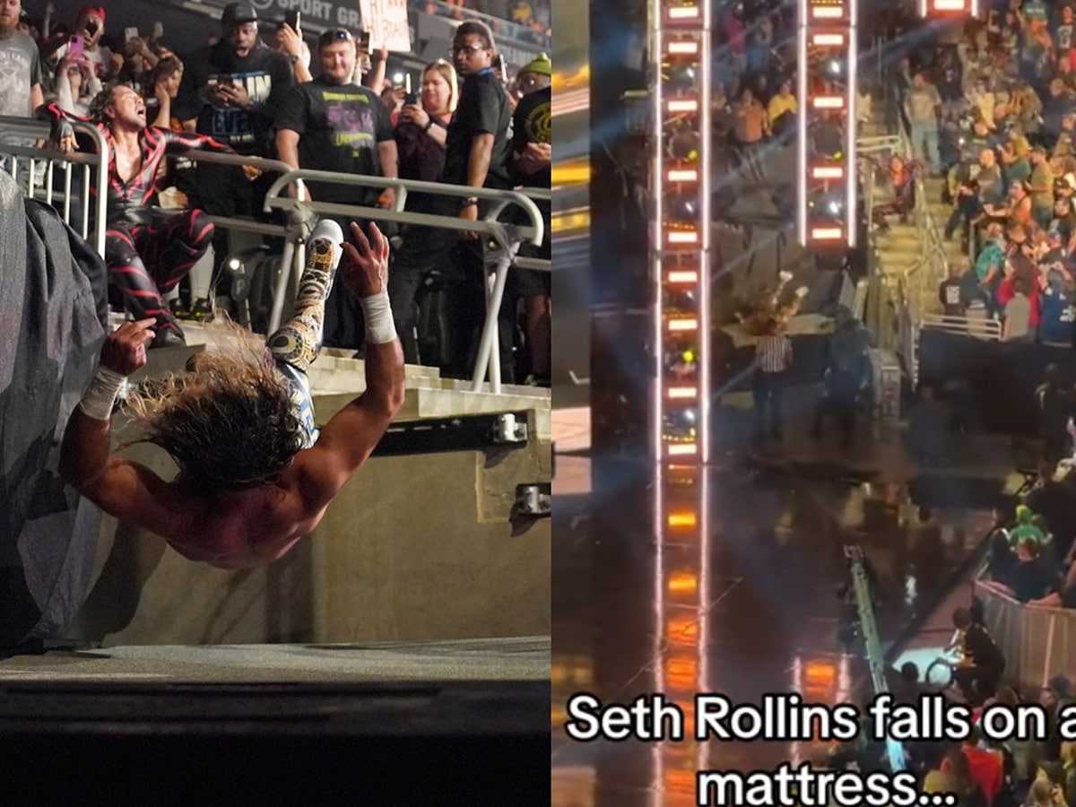 WATCH: Video surfaces of Seth Rollins safely falling on a mattress after a dangerous spot at Fastlane 