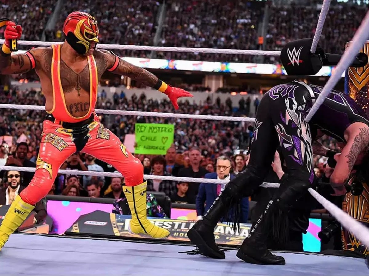 Rey Mysterio and Dominik Mysterio at WrestleMania 39