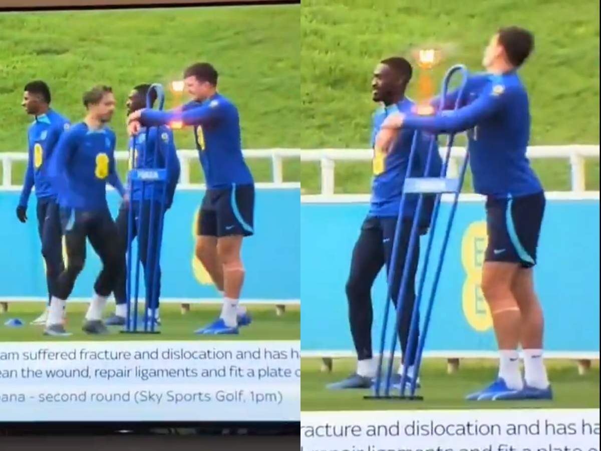 WATCH: Jack Grealish’s training antics end up hitting Harry Maguire ‘in his face’