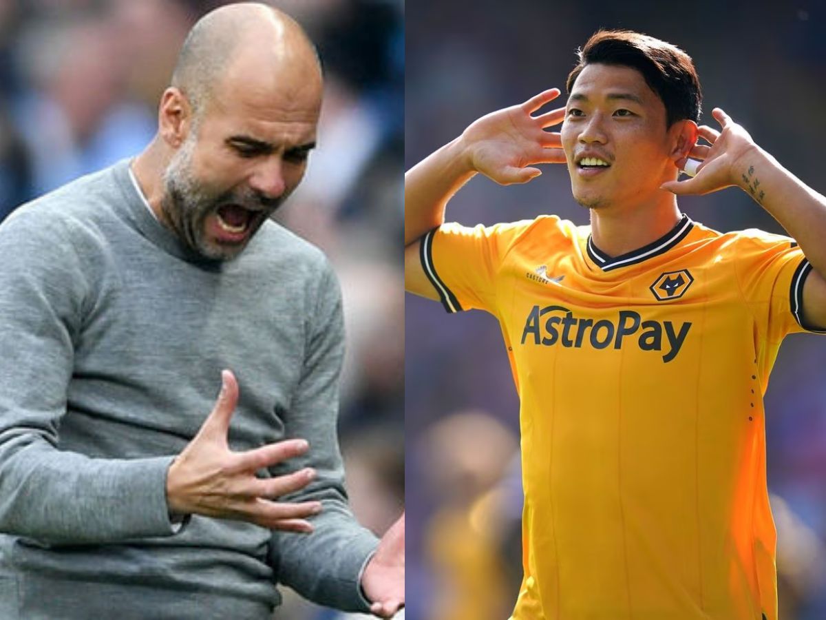 Pep Guardiola Fuming on Manchester City's second goal as Hwang Hee-Chan celebrates the goal. 