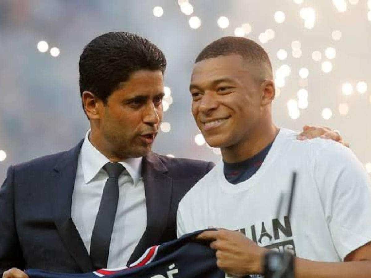 PSG president Nasser Al-Khelaifi with Kylian Mbappe.