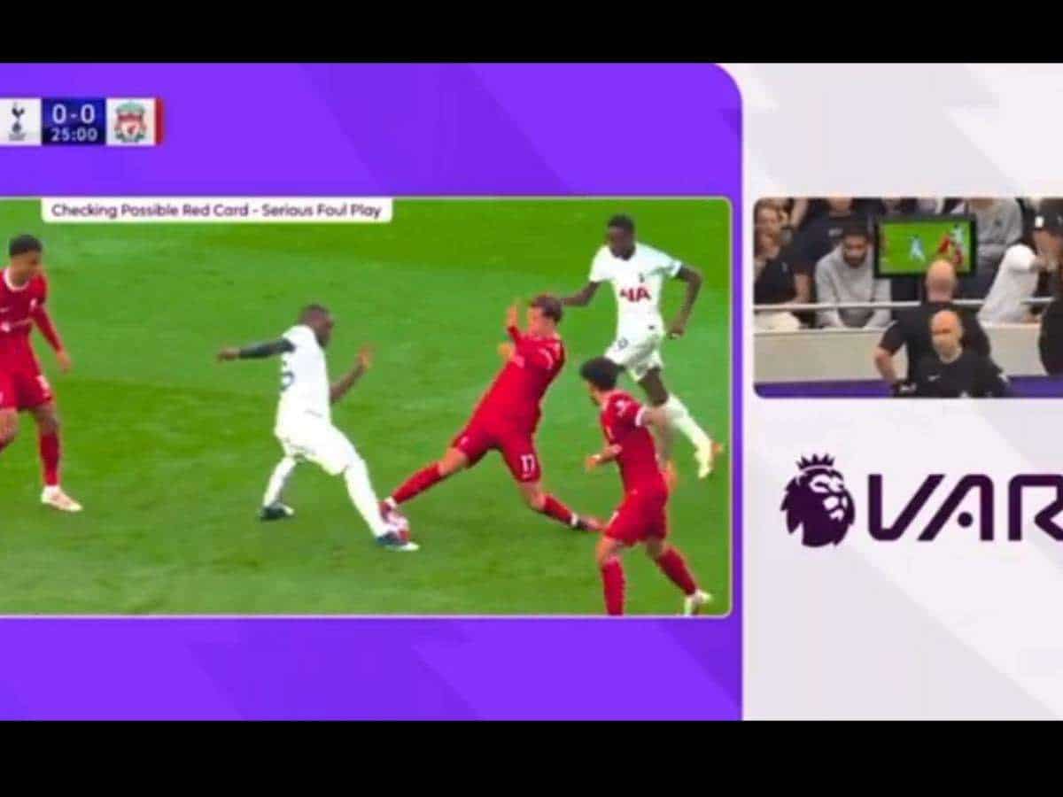 Screengrab of the red card check for Curtis Jones vs. Tottenham