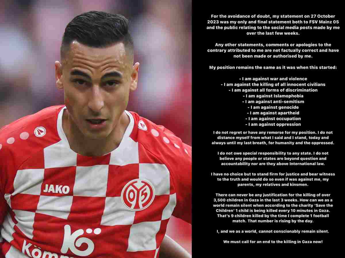 ‘I stand for humanity and the oppressed’ – Anwar El Ghazi clarifies his position on Israel-Palestine issue a day after Mainz lift suspension