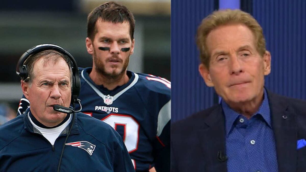 Bill Belichick and Tom Brady (L) and Skip Bayless (R)