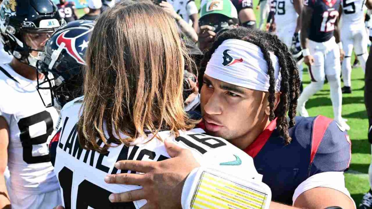 WATCH: Texans QB CJ Stroud ‘knocks’ one of his offensive linemen out as part of a celebration after scoring a touchdown against the Jaguars
