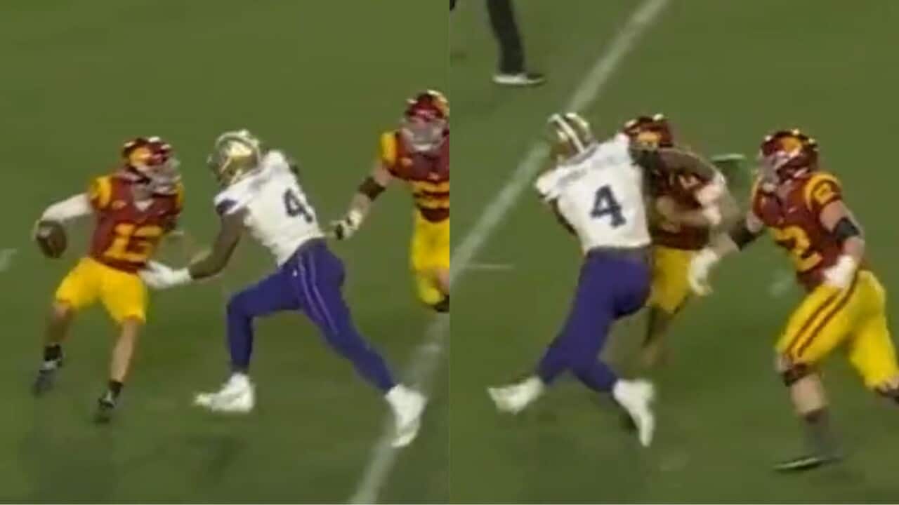 Watch: USC QB Caleb Williams fumbles the football while trying to evade a sack, resulting in his 30th career fumble