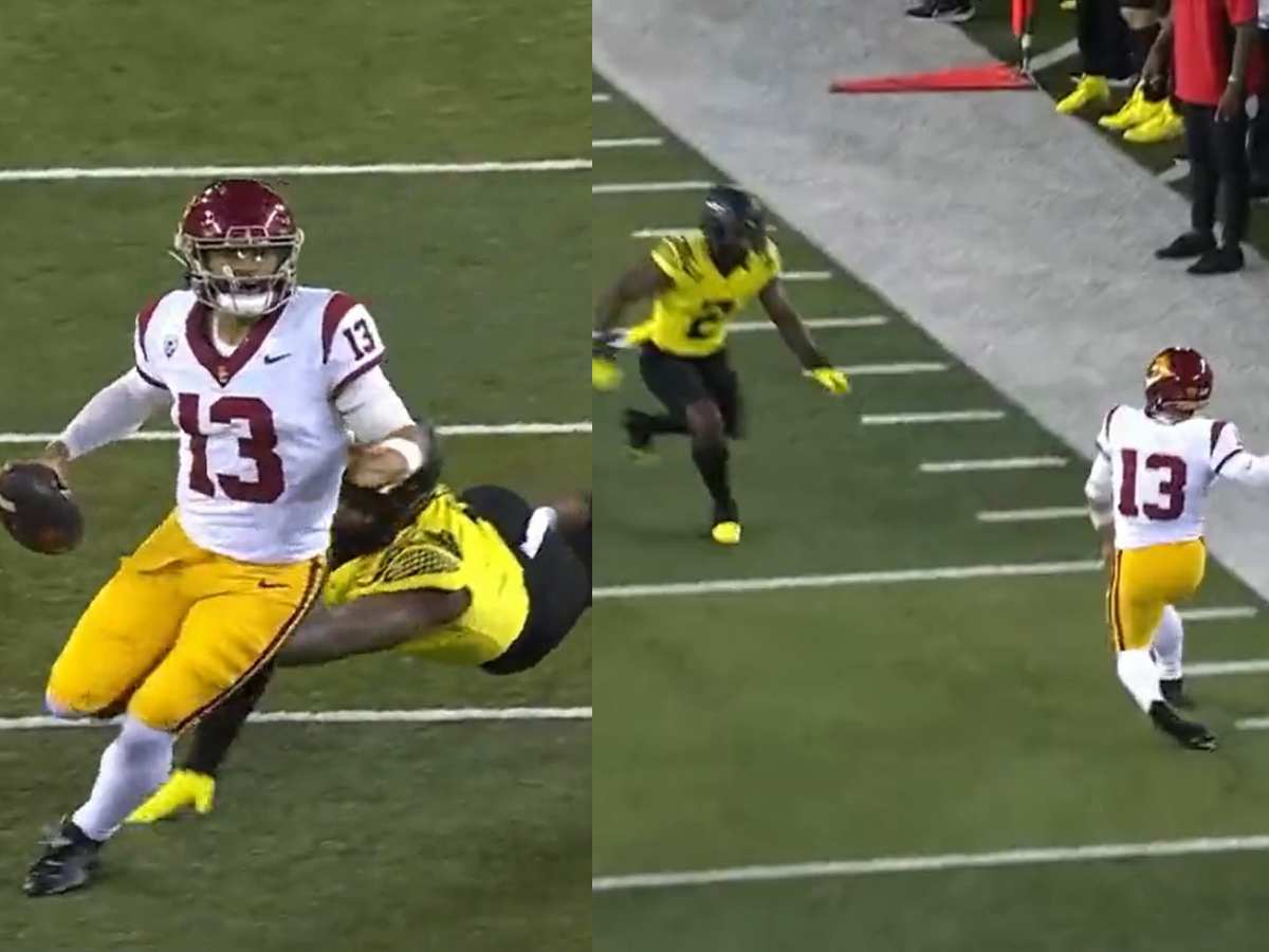 “All that for 5 yards?” – Caleb Williams casually throws a Patrick Mahomes-like pass despite being surrounded by Oregon defenders, fans react