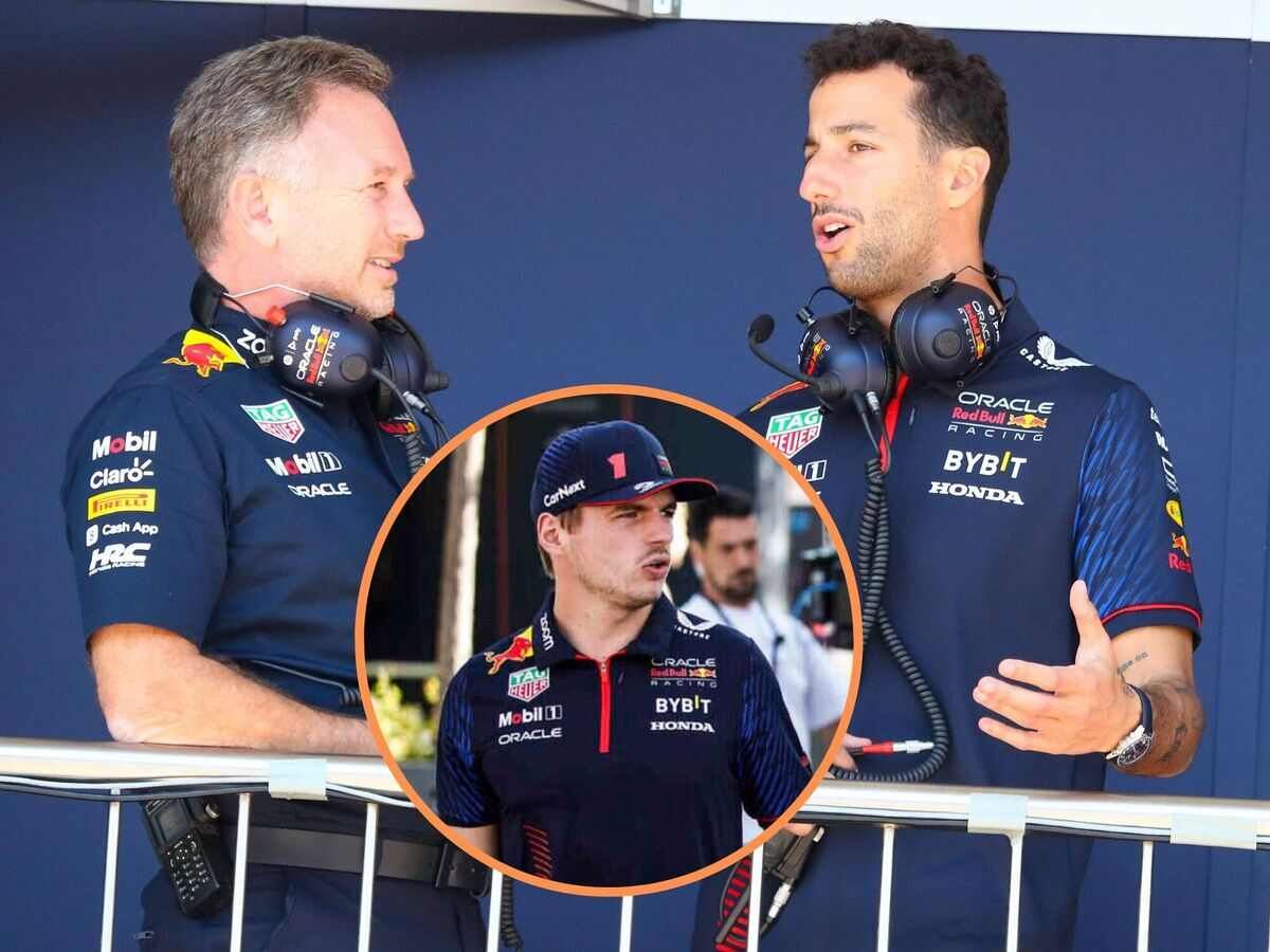 Christian Horner, Max Verstappen and Daniel Ricciardo