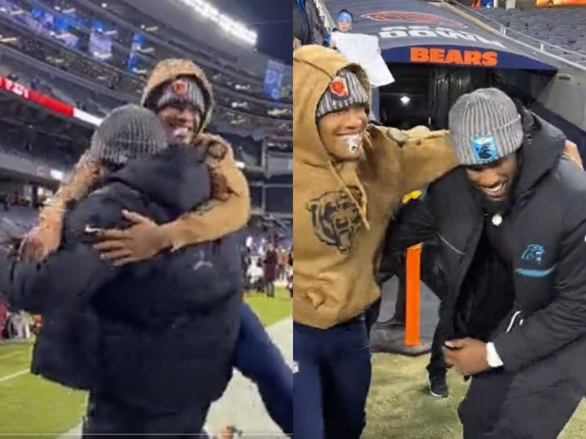 WATCH: Bears WR DJ Moore jumps on ex-teammate Brian Burns to share a warm embrace ahead of TNF game