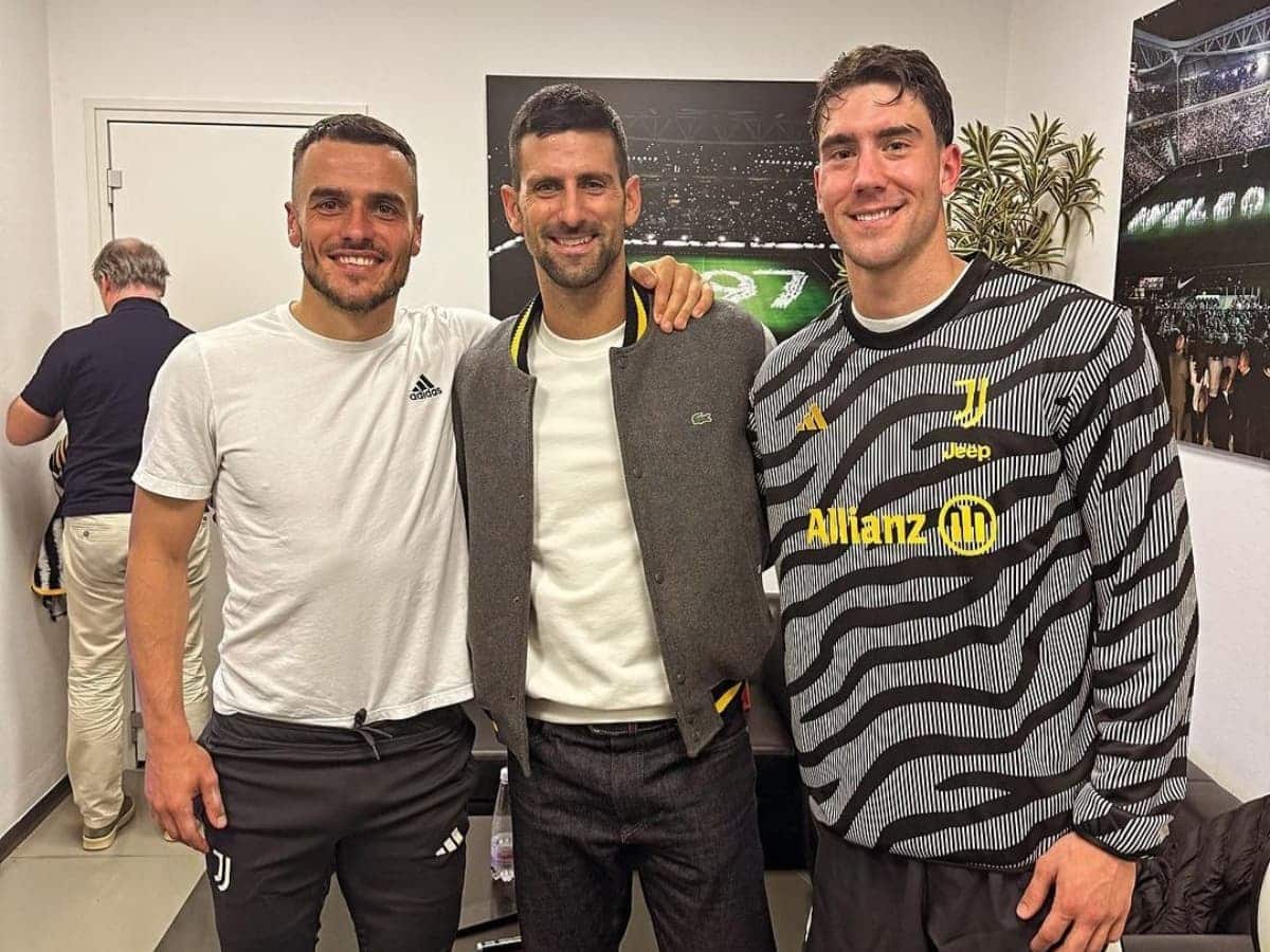 Novak Djokovic catches up with compatriots and Juventus FC stars Dusan Vlahovic and Filip Kostic ahead of the 2023 ATP Finals in Turin