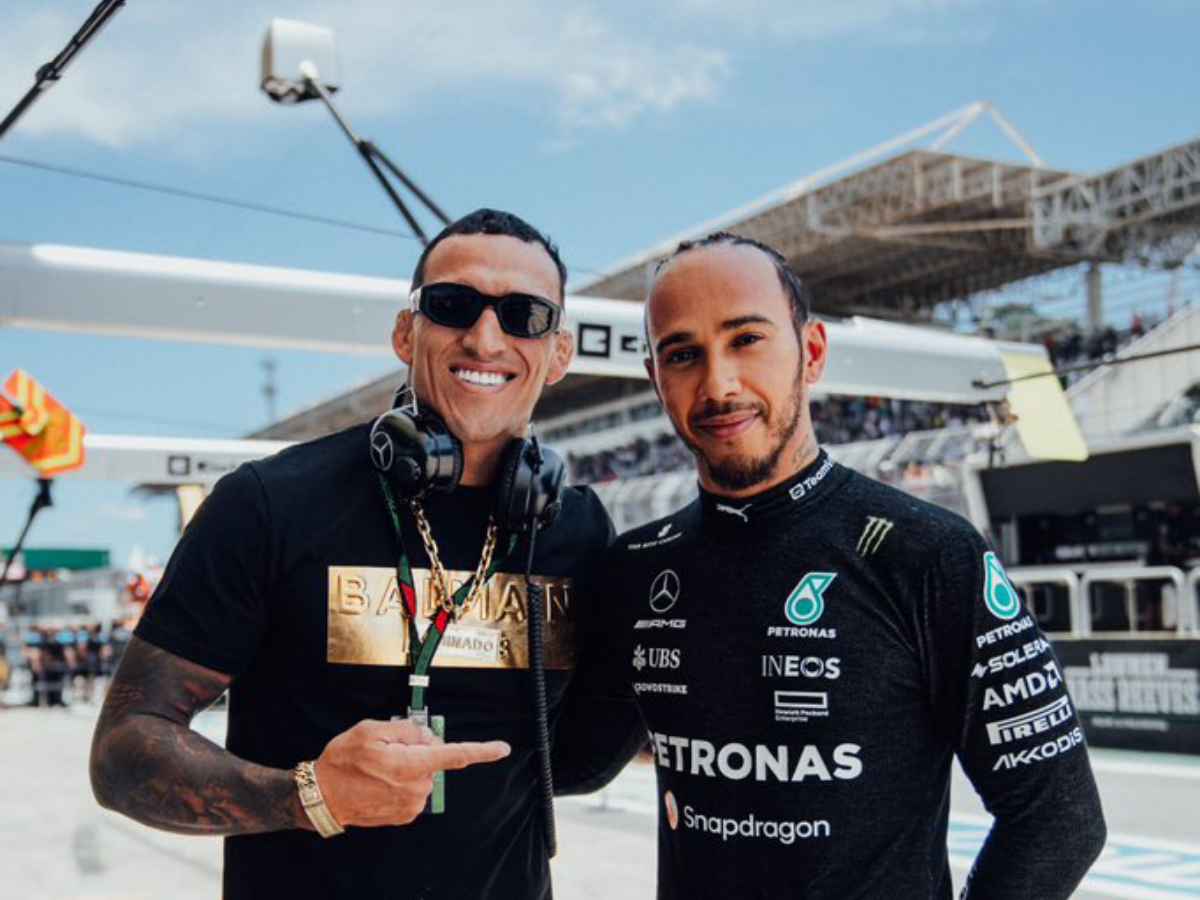 WATCH: Ex-UFC Lightweight Champion Charles Oliviera greets Lewis Hamilton at the Brazilian GP