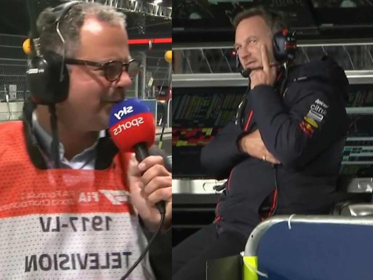 Christian Horner shows the middle finger to F1 presenter Ted Kravitz during free practice at the Las Vegas GP