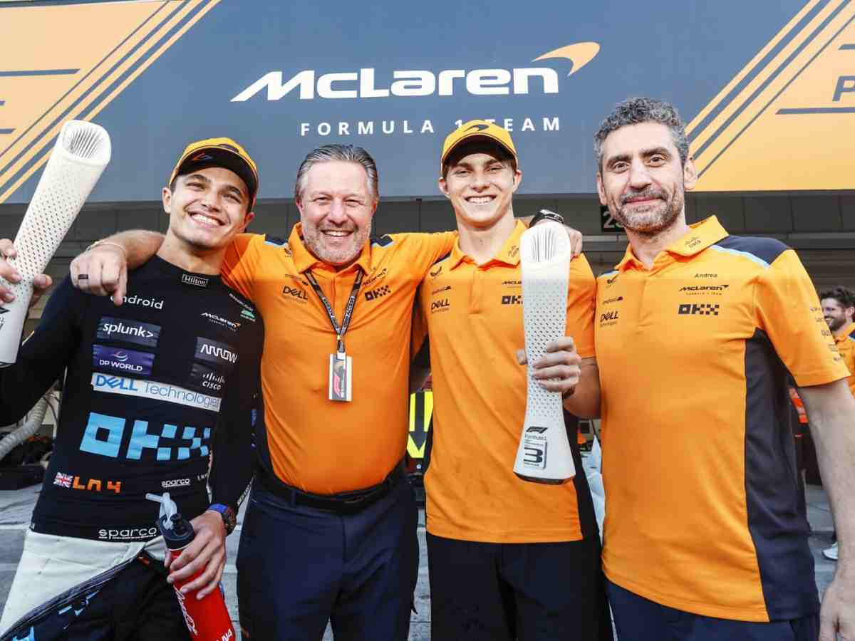 Lando Norris, Zak Brown, Oscar Piastri and Andrea Stella