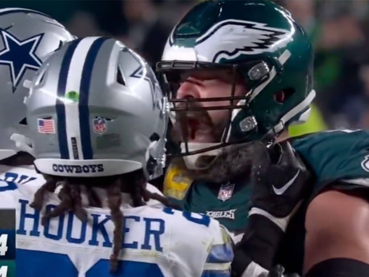 WATCH: “Probably yelling some Taylor Swift lyrics!” – Jason Kelce shouting directly into a Cowboys’ players face has fans losing their minds