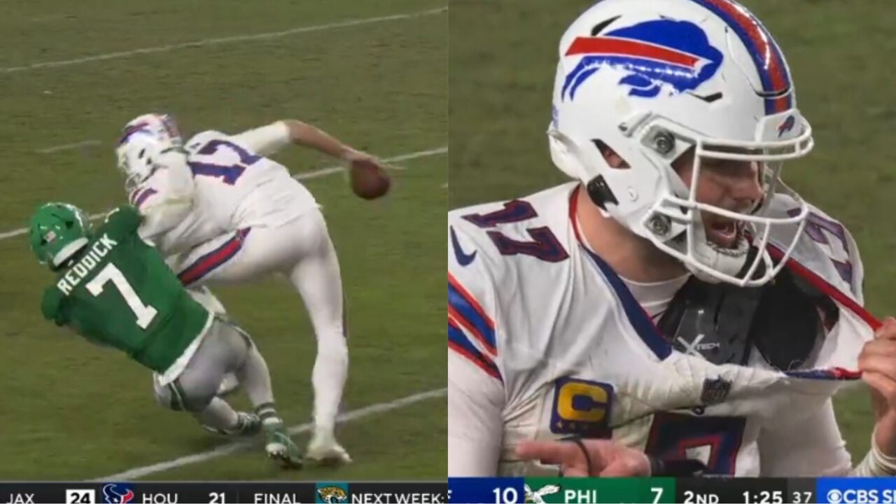 WATCH: Bills QB Josh Allen gets his jersey ripped as the refs fail to call horse collar tackle by Eagles’ Haason Reddick