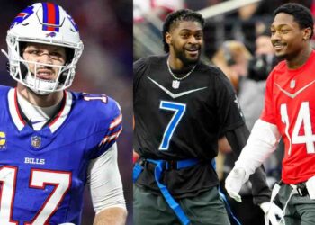 Josh Allen (L) and Trevon Diggs and Stefon Diggs (R)