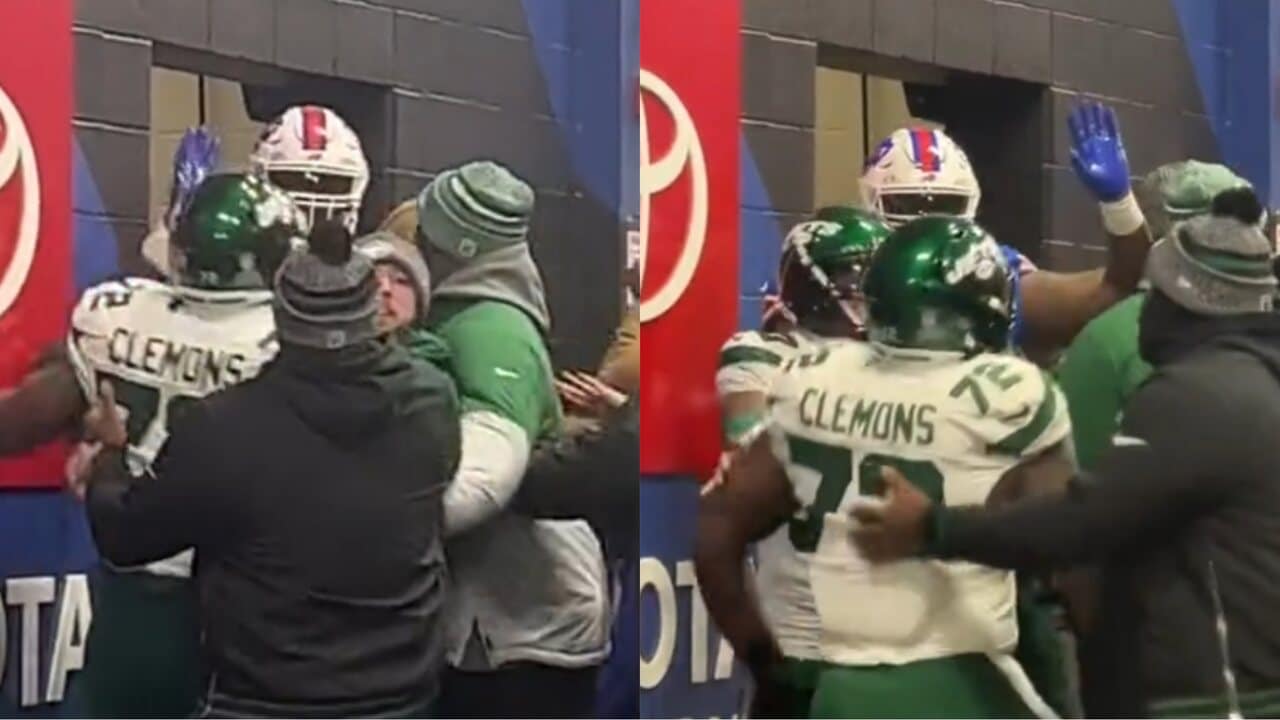 WATCH: Jets DT Michael Clemons follows Bills OL Dion Dawkins into the tunnel in rage minutes before huge scuffle broke down between the two teams