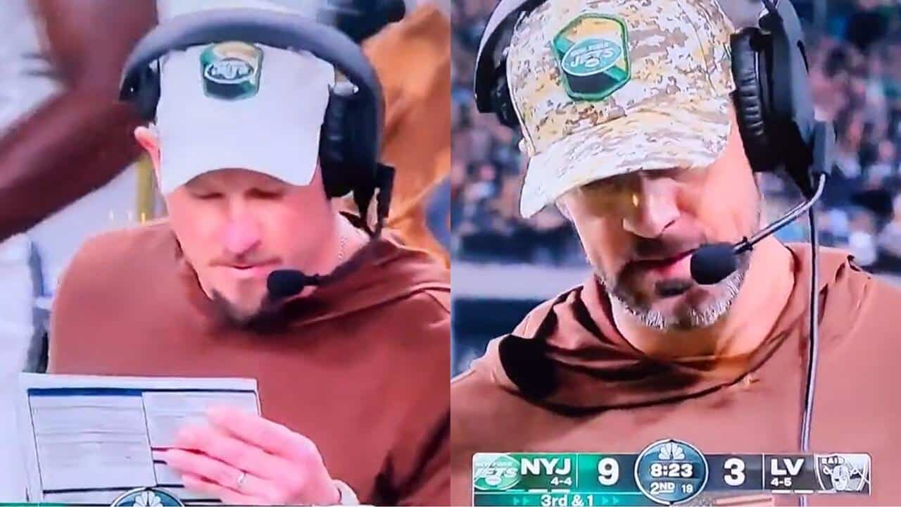 WATCH: Aaron Rodgers shakes his head in disapproval on sidelines over Jets OC Nathaniel Hackett’s play call during the SNF game