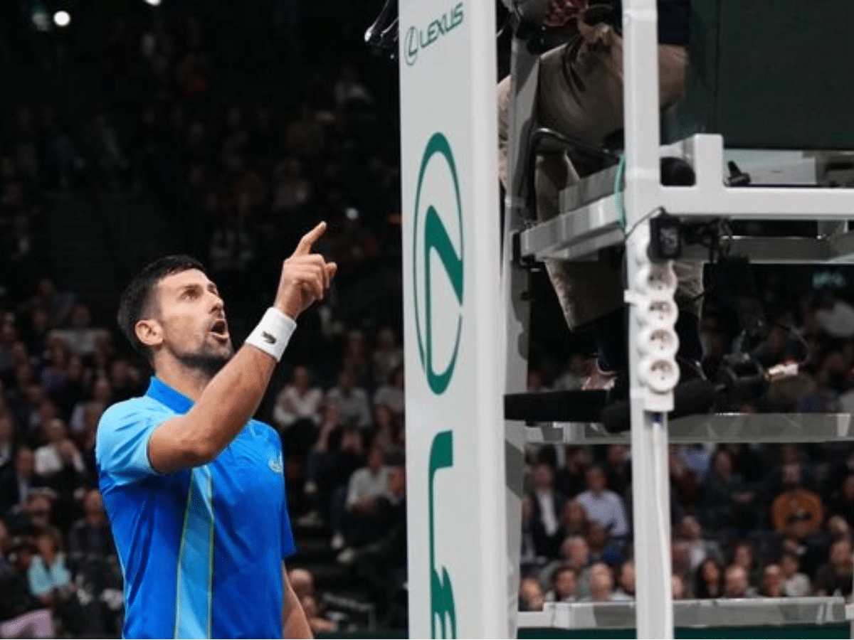 Novak Djokovic argues with the chair umpire over delayed challenge by Andrey Rublev in the Paris Masters finals