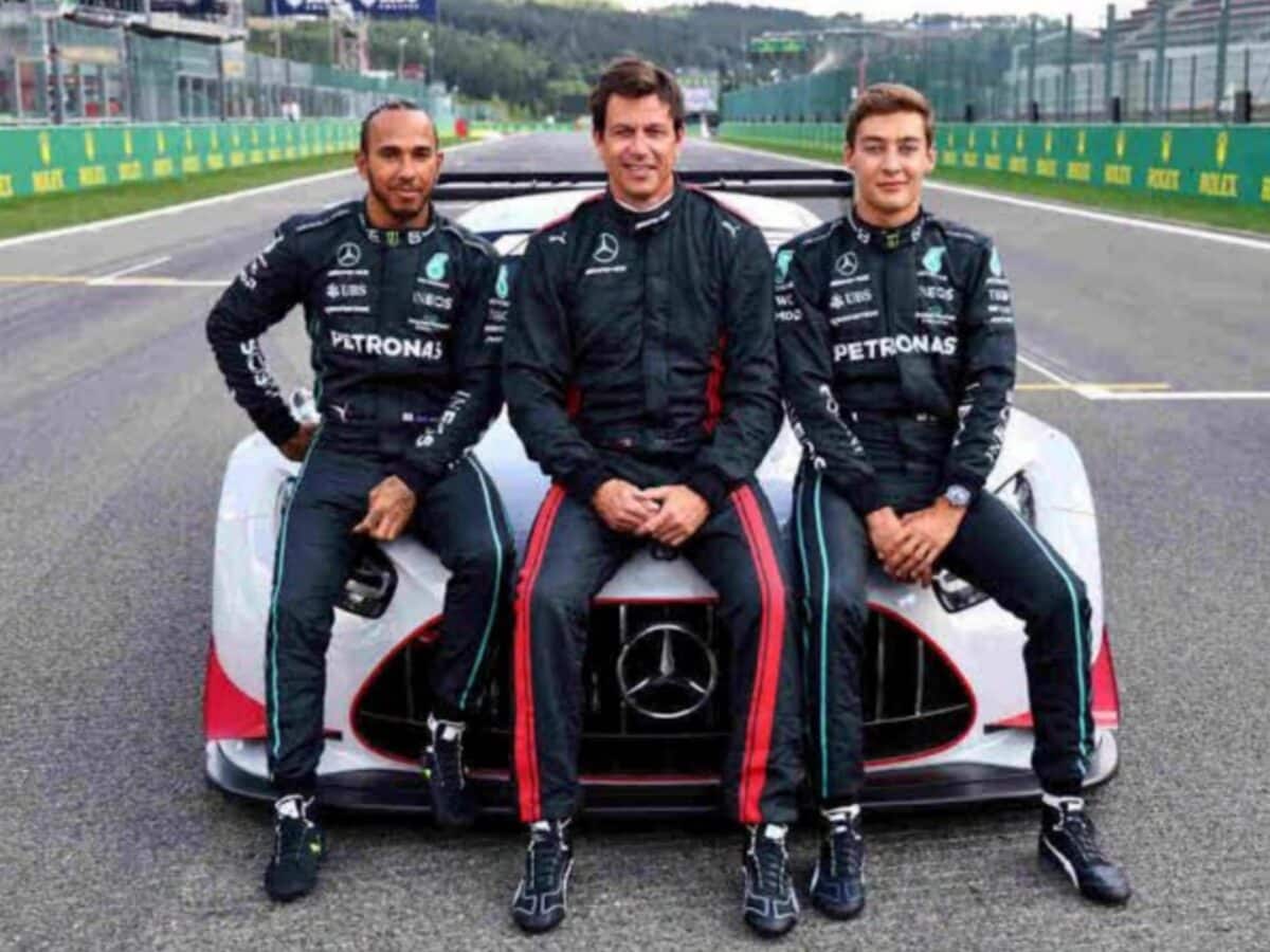 Lewis Hamilton, Toto Wolff and George Russell