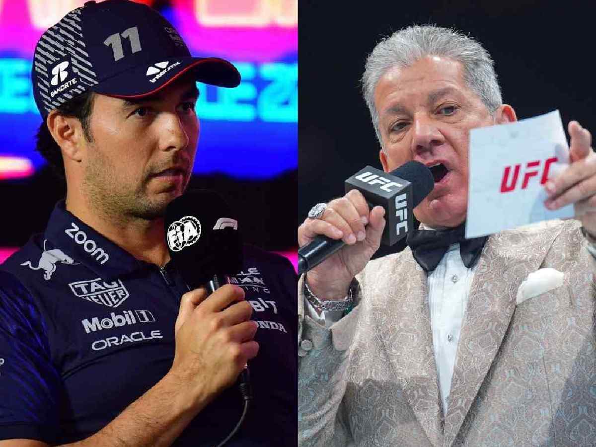 WATCH: Sergio Perez has an AWKWARD moment with legendary UFC announcer Bruce Buffer at Las Vegas GP