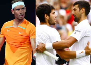 Rafael Nadal (L), Carlos Alcaraz and Novak Djokovic (R)