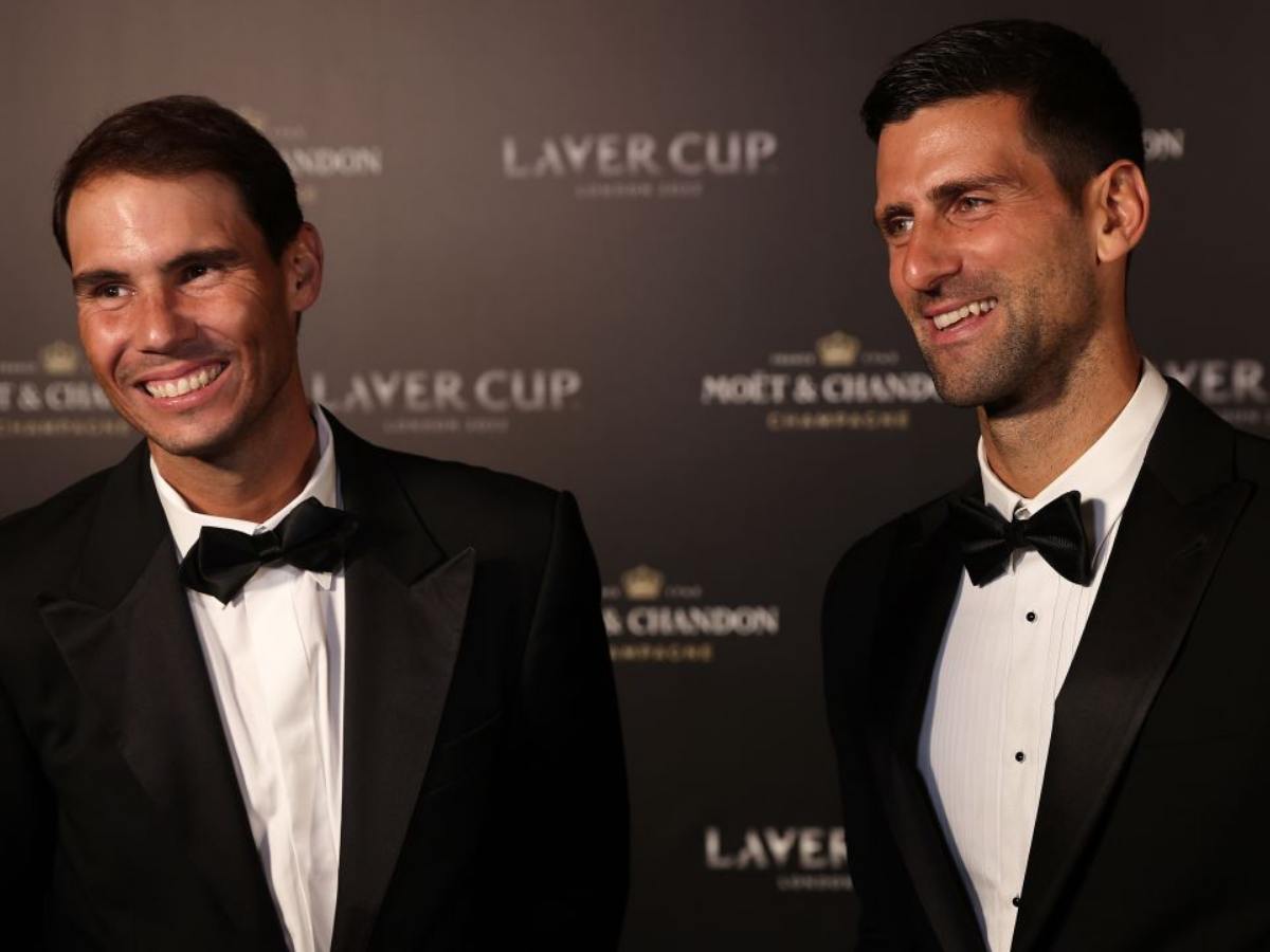 Rafael Nadal and Novak Djokovic pose for a picture at the Laver Cup event. 