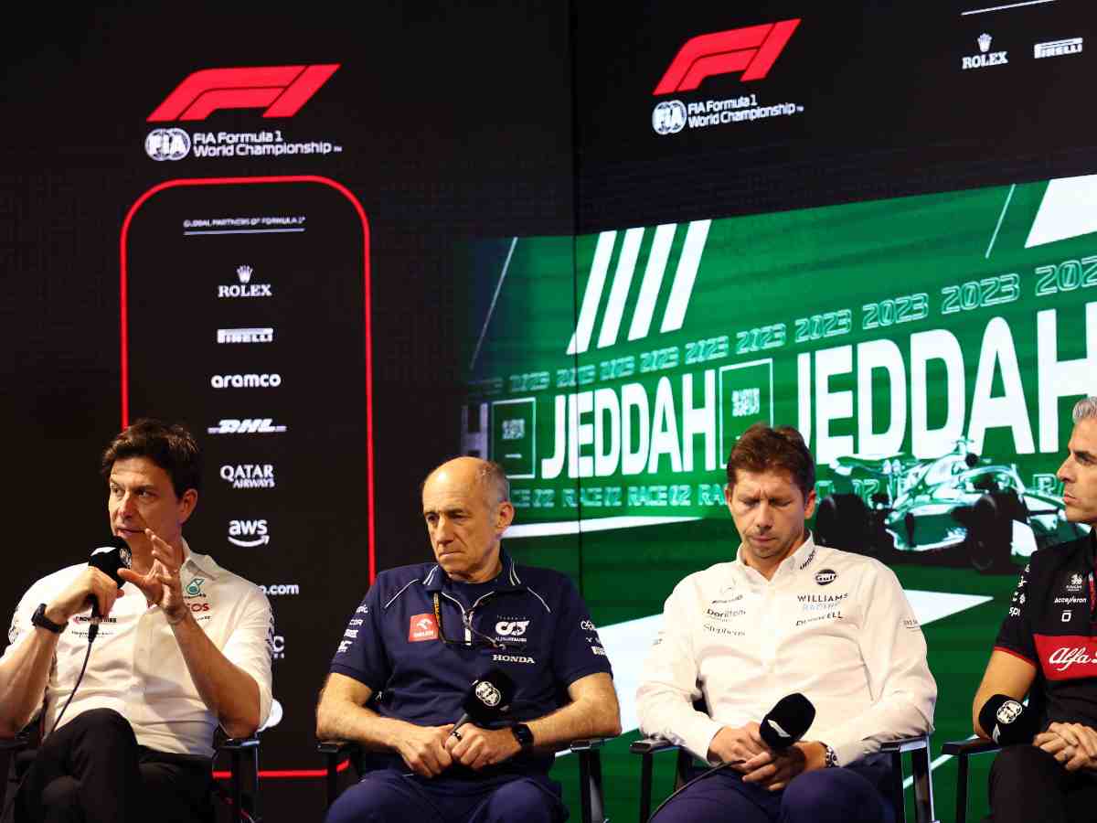 Toto Wolff, Franz Tost, James Vowles and Alessandro Alunni Bravi in a press conference.