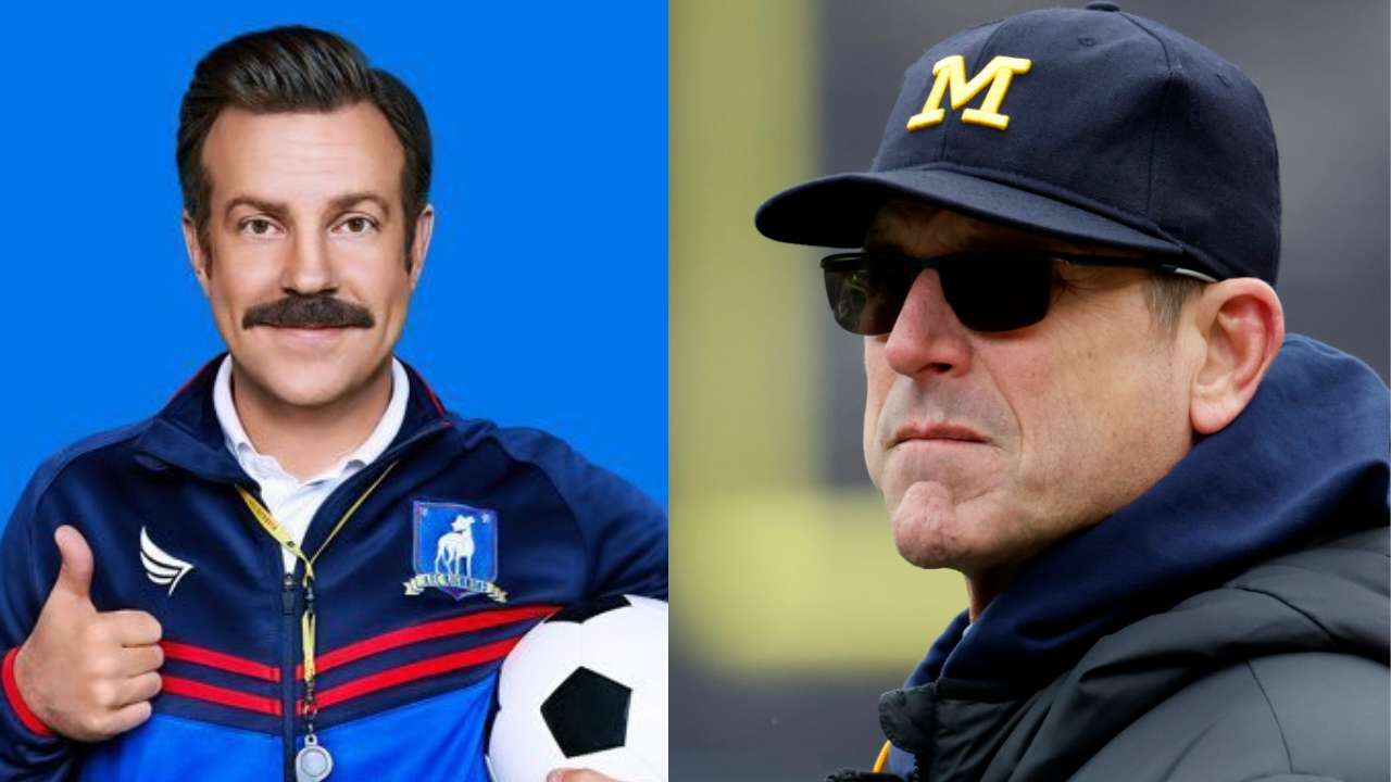 Jim Harbaugh makes awkward Ted Lasso joke involving his mom while talking about Michigan locker room amidst suspension