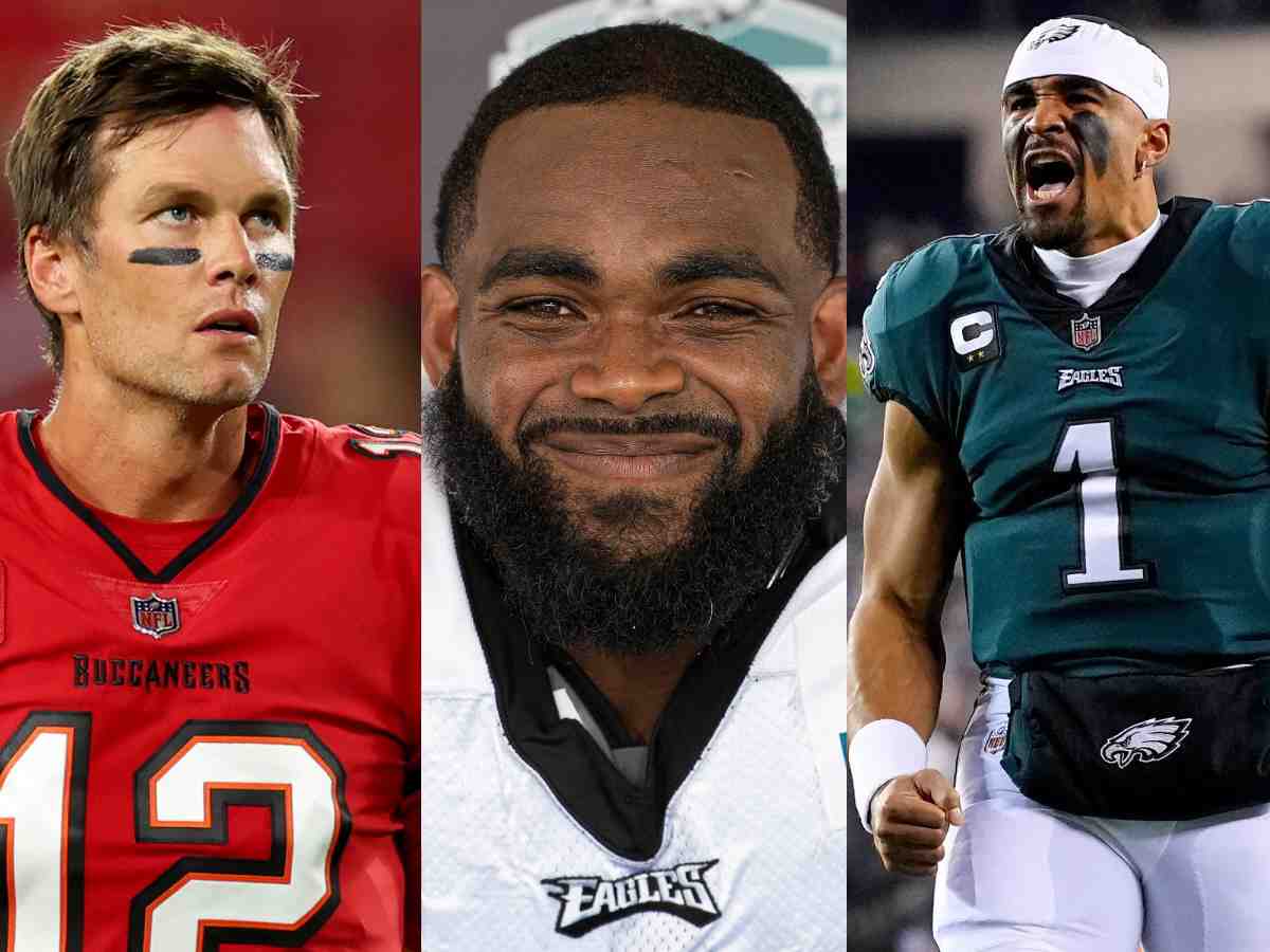 Tom Brady (L), Brandon Graham (M) and Jalen Hurts (R)