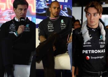 Toto Wolff, Lewis Hamilton and George Russell