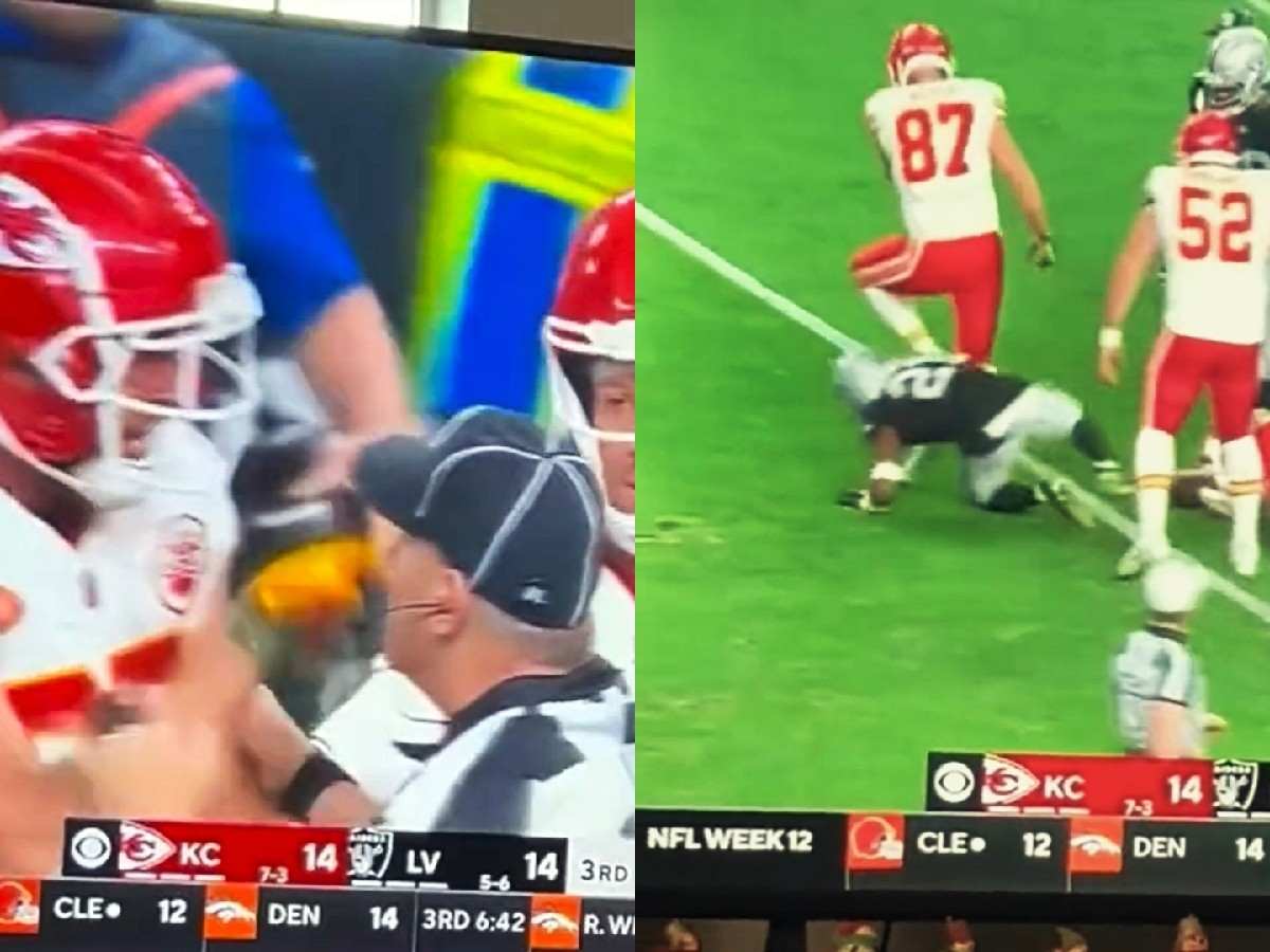 WATCH: “Threw the guy aside like a sack of potatoes” – Travis Kelce gets hyped by Taylor Swift fans for getting into an on-field fight with a bunch of Raiders players