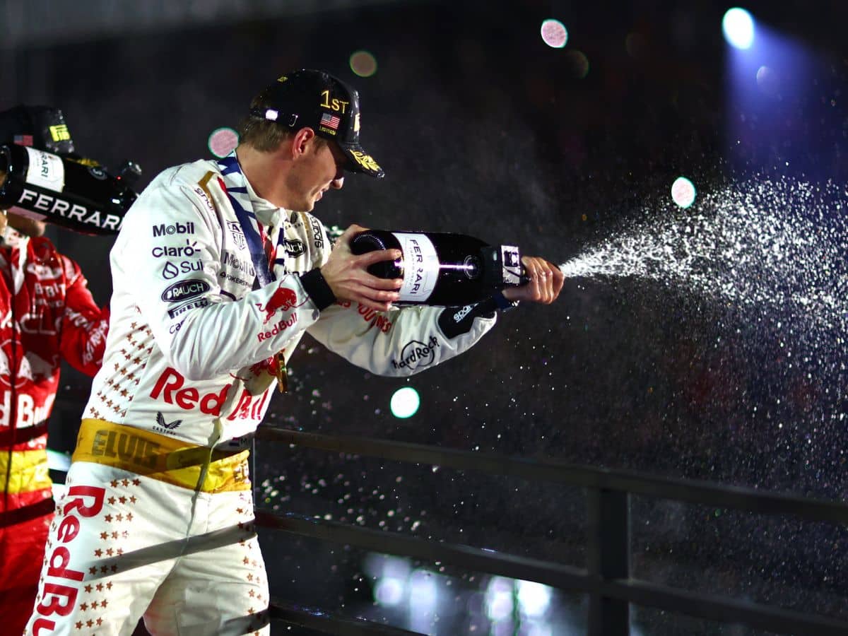 Max Verstappen sprays champagne at the Las Vegas GP podium