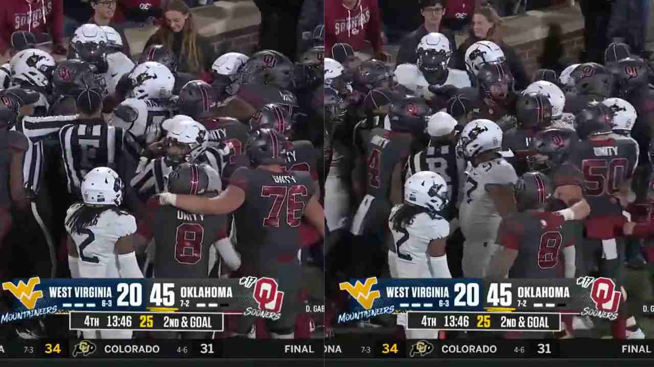 WATCH: Massive fight breaks out during the Oklahoma-West Virginia game after lights went out