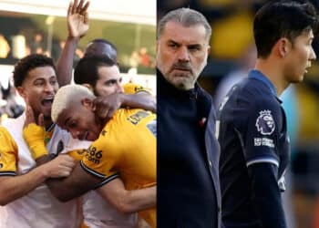 Wolves celebrate Lemina's winner against Spurs as Ange Postecoglou and Son in disbelief