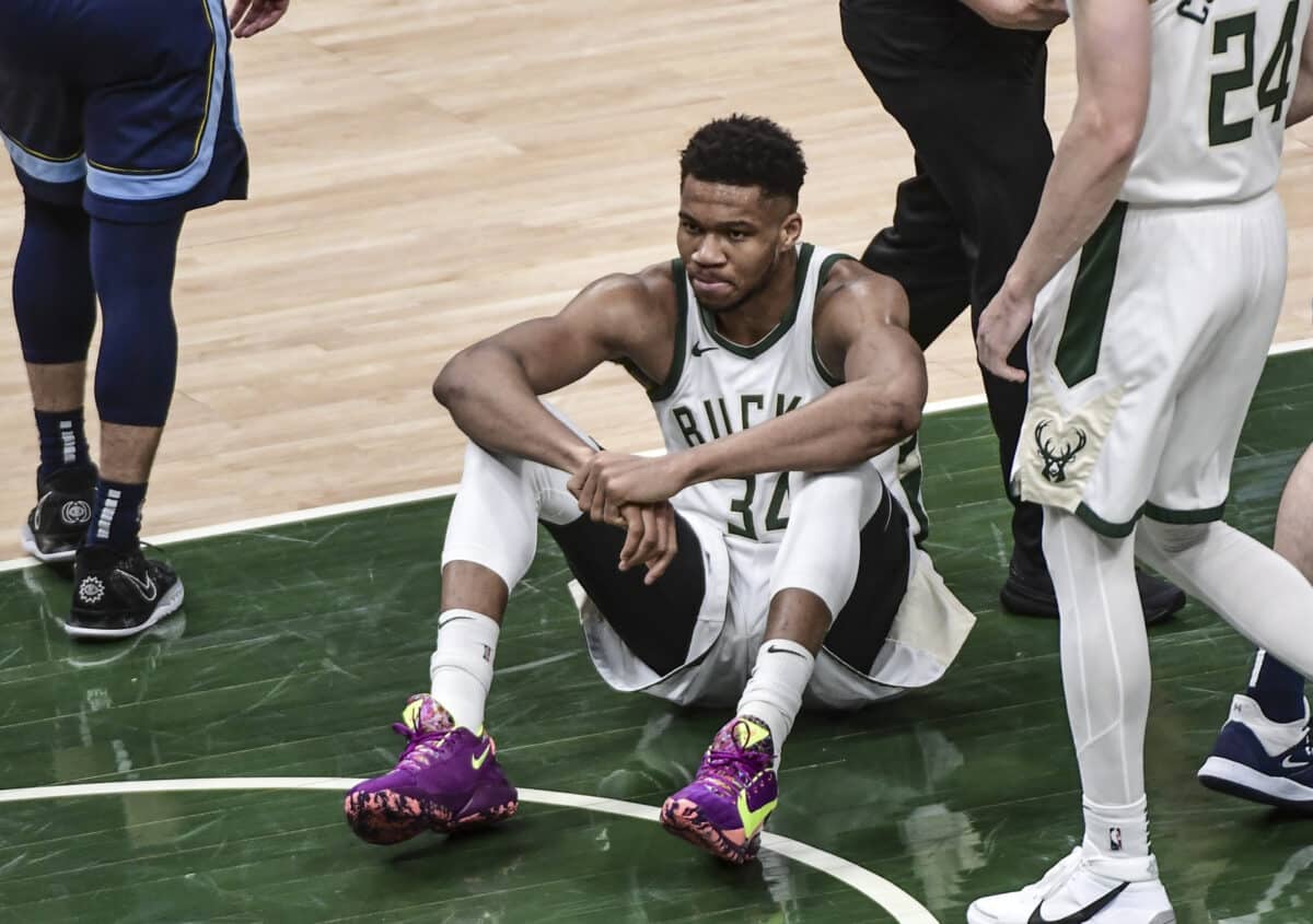 Milwaukee Bucks forward Giannis Antetokounmpo reacts after a foul against Orlando Magic.