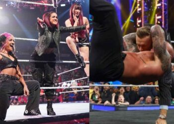 Bayley reacts to Nick Aldis getting RKOed by Randy Orton