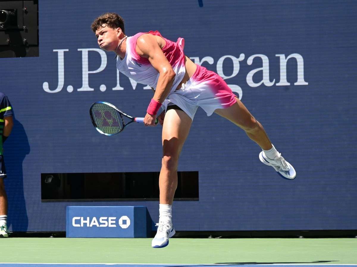 Ben Shelton hitting a serve during his match at the US Open on September 03, 2023