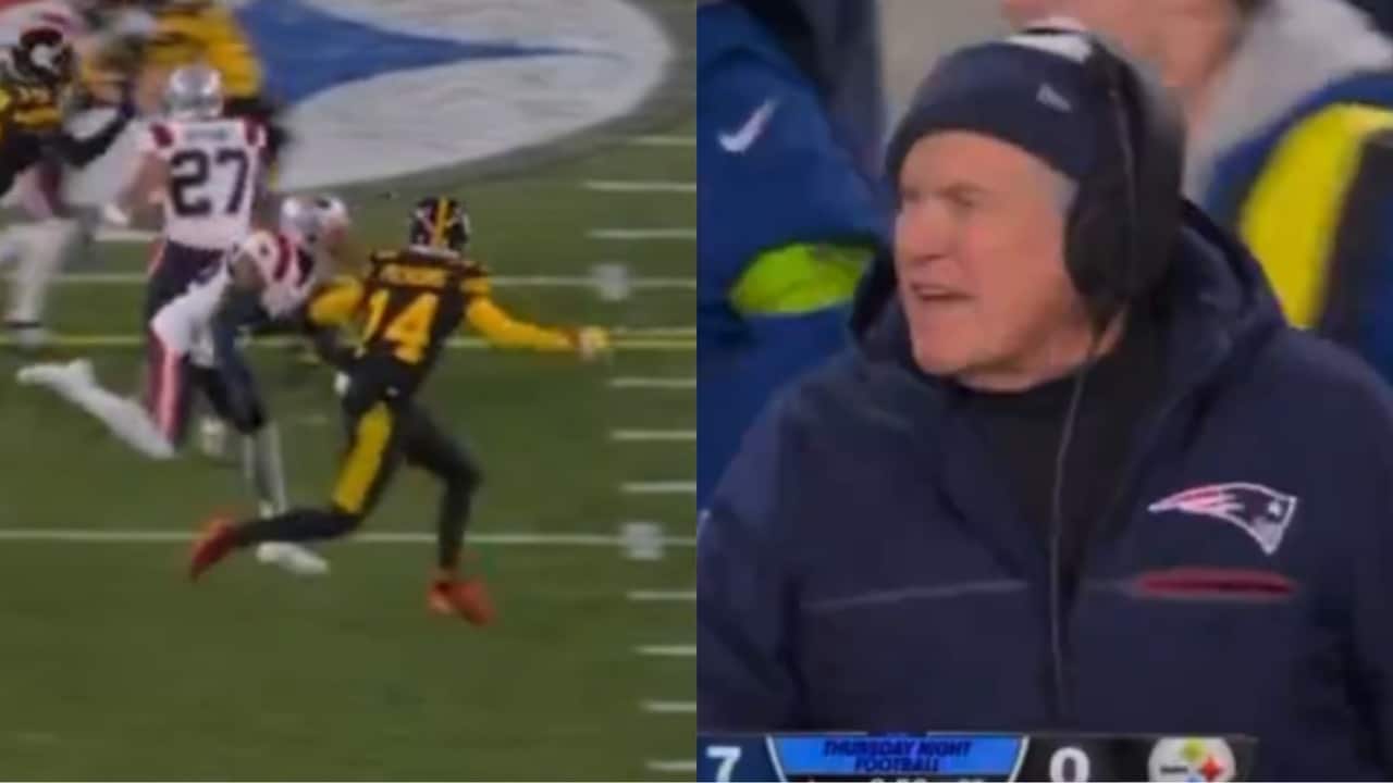 WATCH: Patriots HC Bill Belichick extremely frustrated on the sidelines after refs called a DPI canceling Mitch Trubisky’s INT