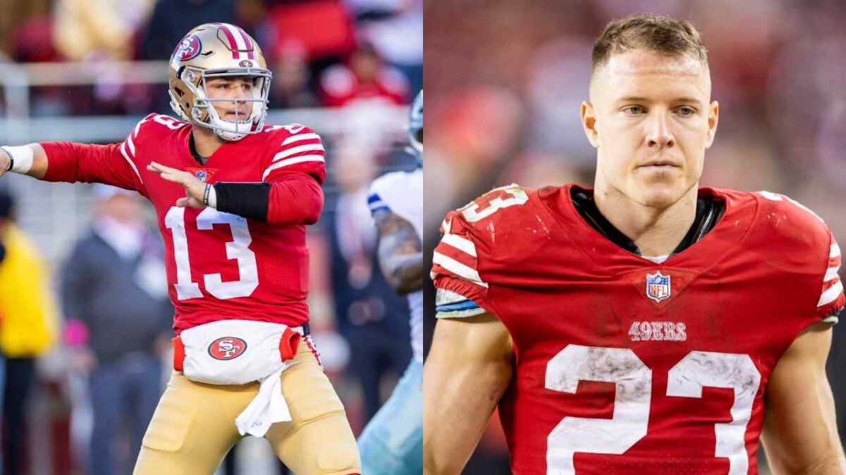 49ers Brock Purdy (L) and Christian McCaffrey (R)