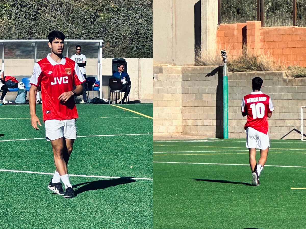 “He recognized a legend”- Fans show respect as tennis star Carlos Alcaraz DONS retro Arsenal Dennis Bergkamp kit