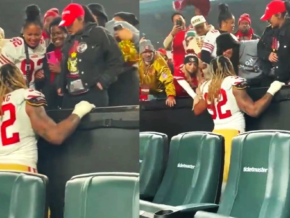 WATCH: Unknown woman smacks and pulls Chase Young’s arms while he has a moment with his family after 49ers’ win over the Eagles