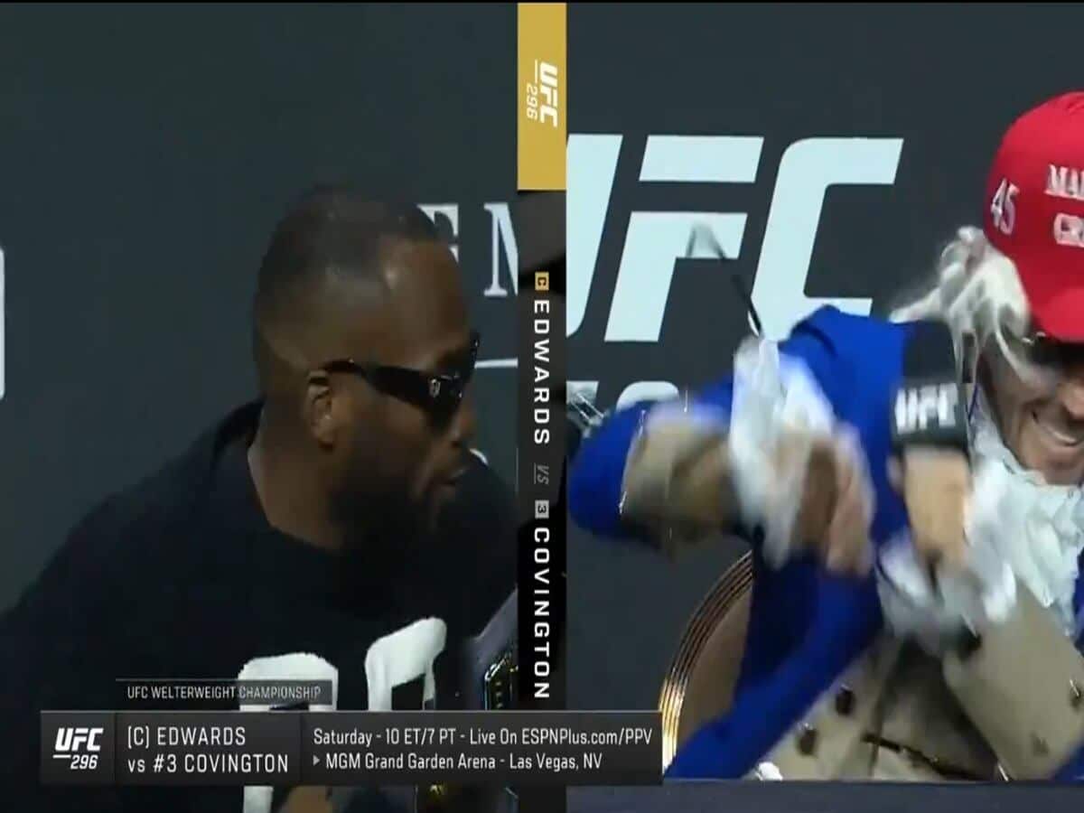 WATCH: Colby Covington ATTACKED after joking about Leon Edwards’ dead father; chaos at UFC 296 presser